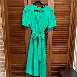 NWT Karl Lagerfeld Vibrant Green linen faux wrap dress